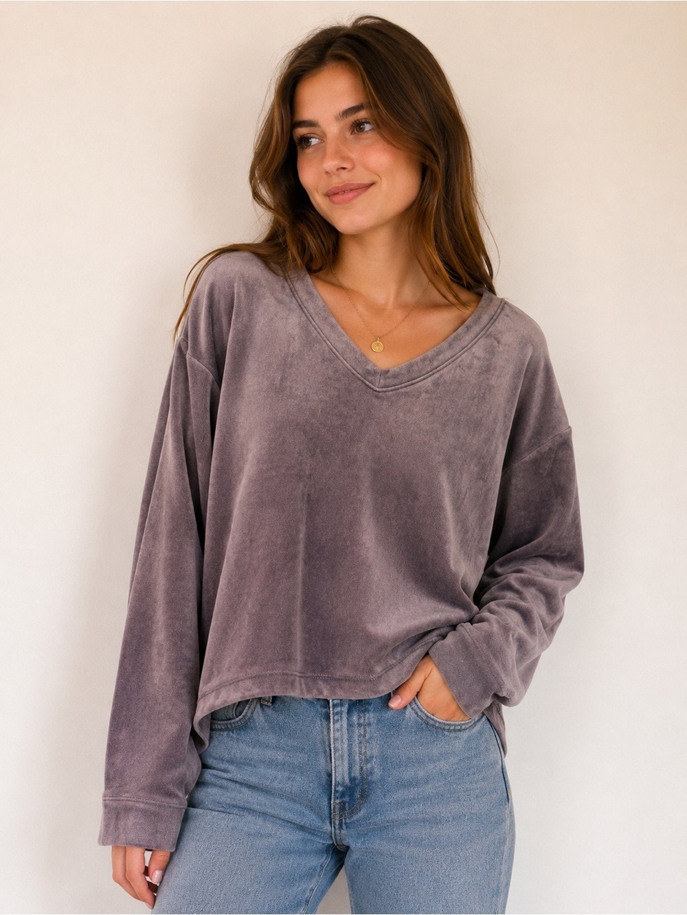 House of Harlow 1960 Velour V Neck Lounge Pullover Gray Medium